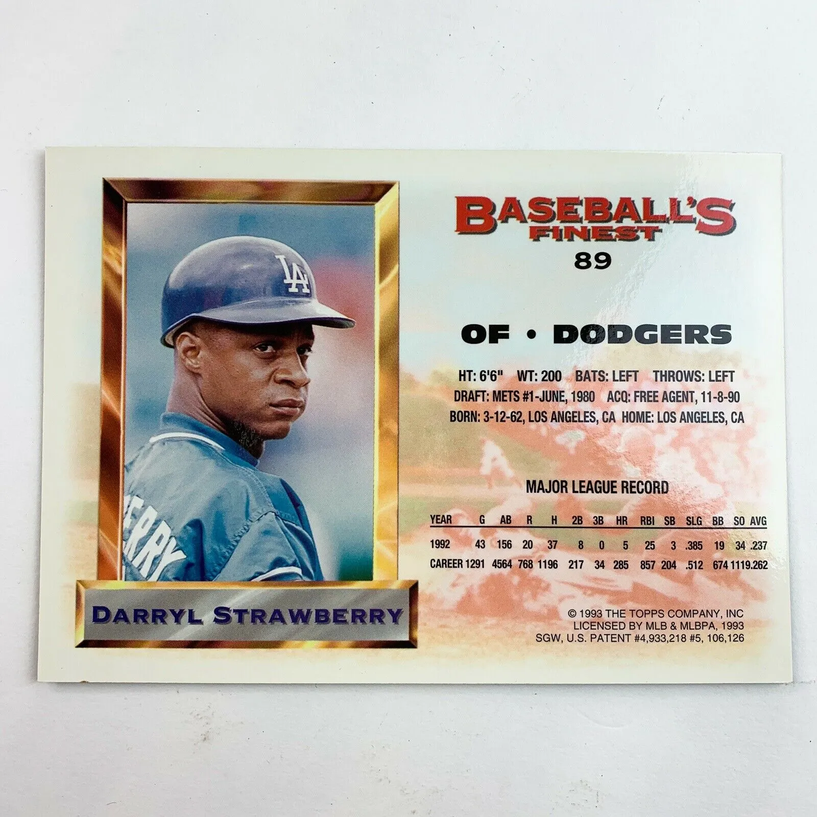 Darryl Starwberry 1993 Topps Finest All-Star #89 Dodgers Baseball Card