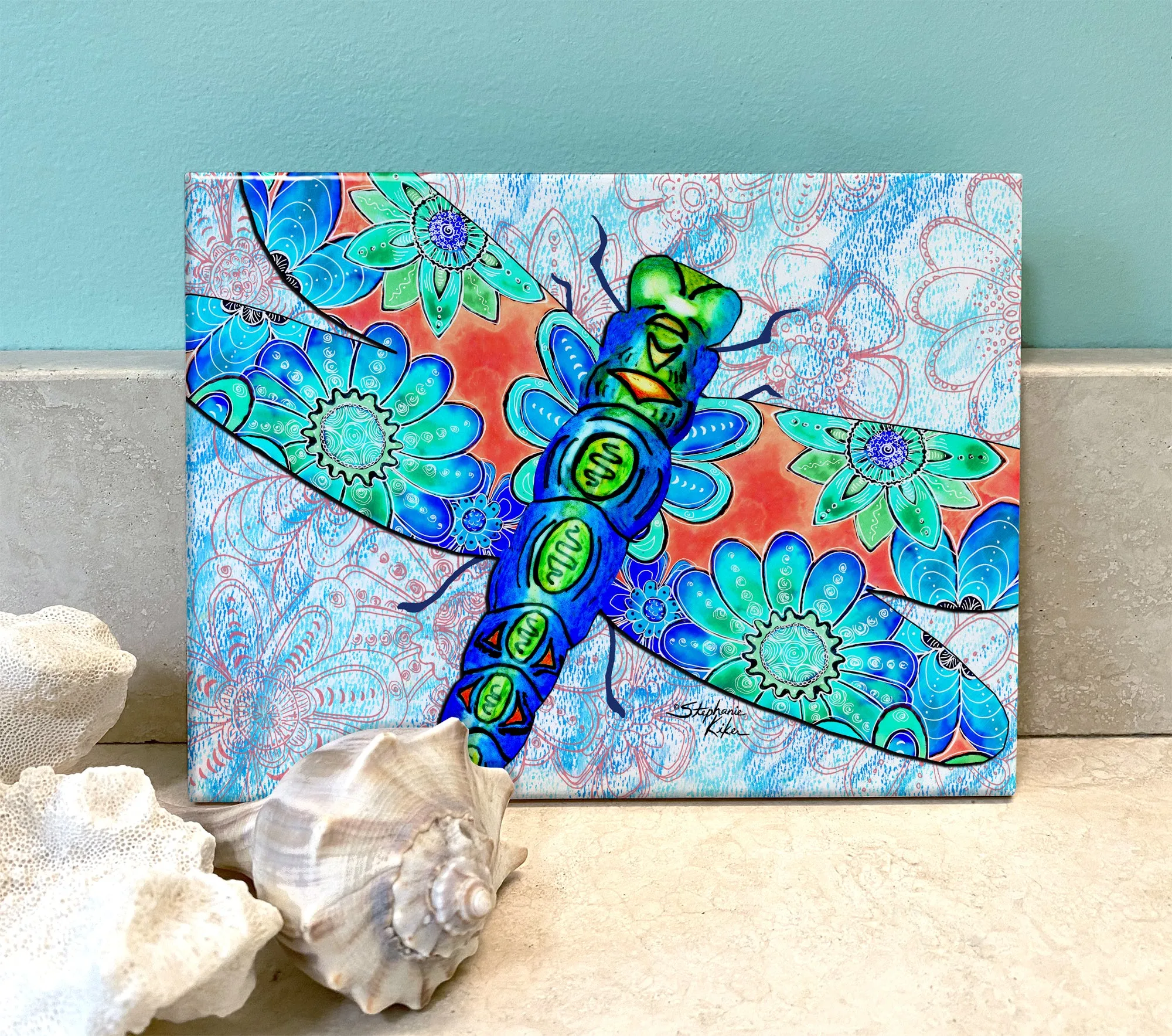 Dragonfly Flowers Ceramic Tile