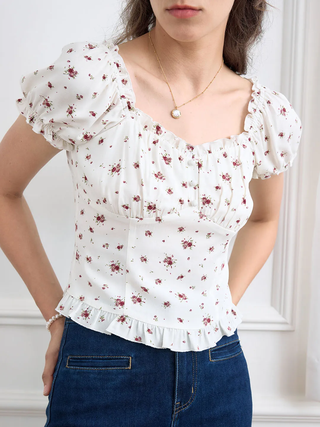 【Final Sale】Nia Ditsy Floral Print Ruched Bust Frill Trim Blouse