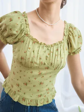 【Final Sale】Nia Ditsy Floral Print Ruched Bust Frill Trim Blouse