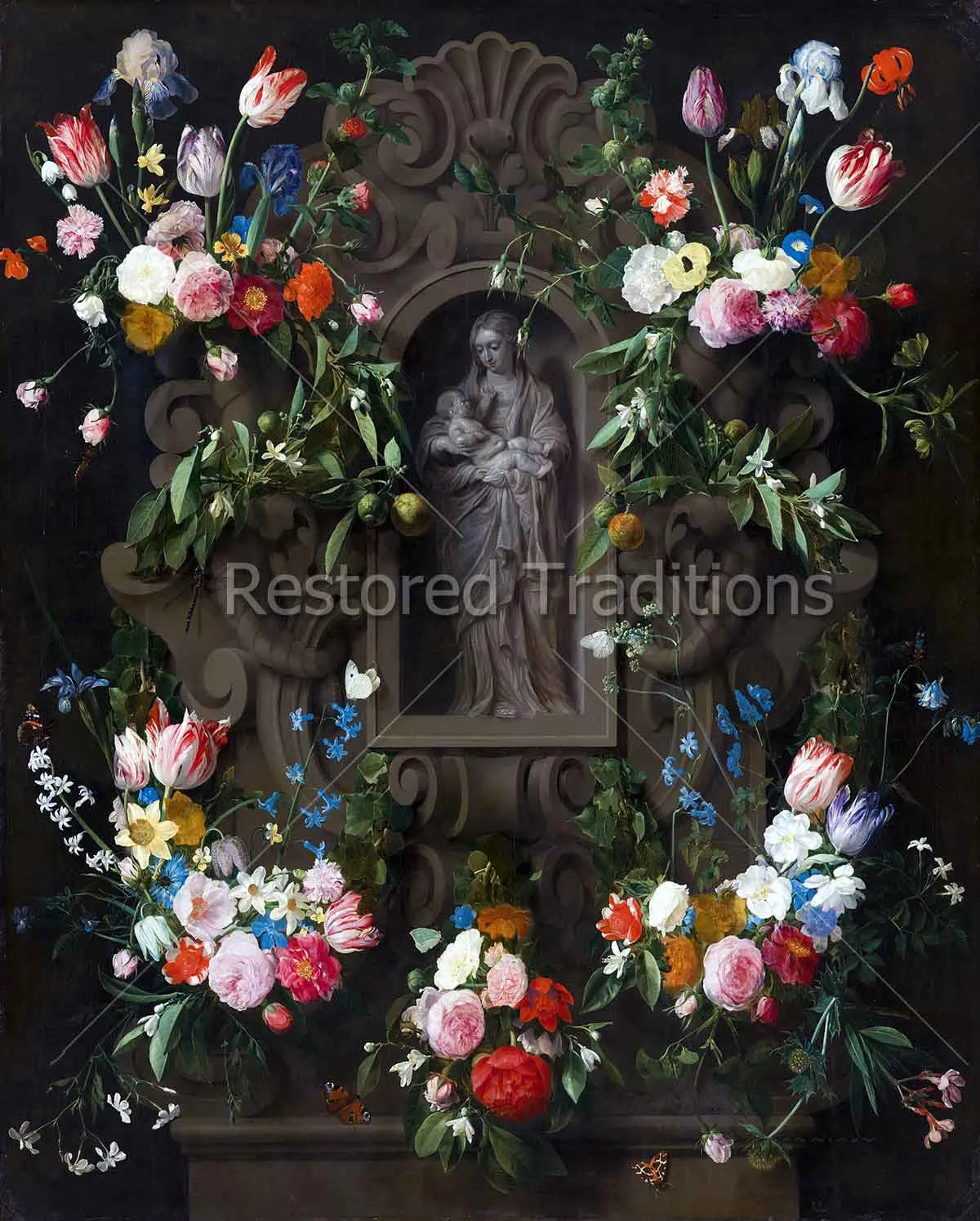 Garland of Flowers Surrounding Sculpture of Our Lady – Bosschaert