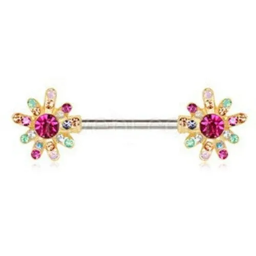 Gold Plated Rainbow CZ Flower Nipple Bar