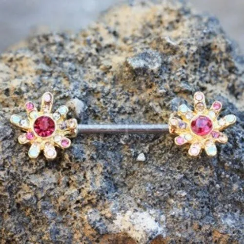 Gold Plated Rainbow CZ Flower Nipple Bar