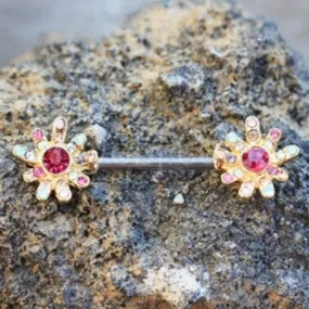 Gold Plated Rainbow CZ Flower Nipple Bar