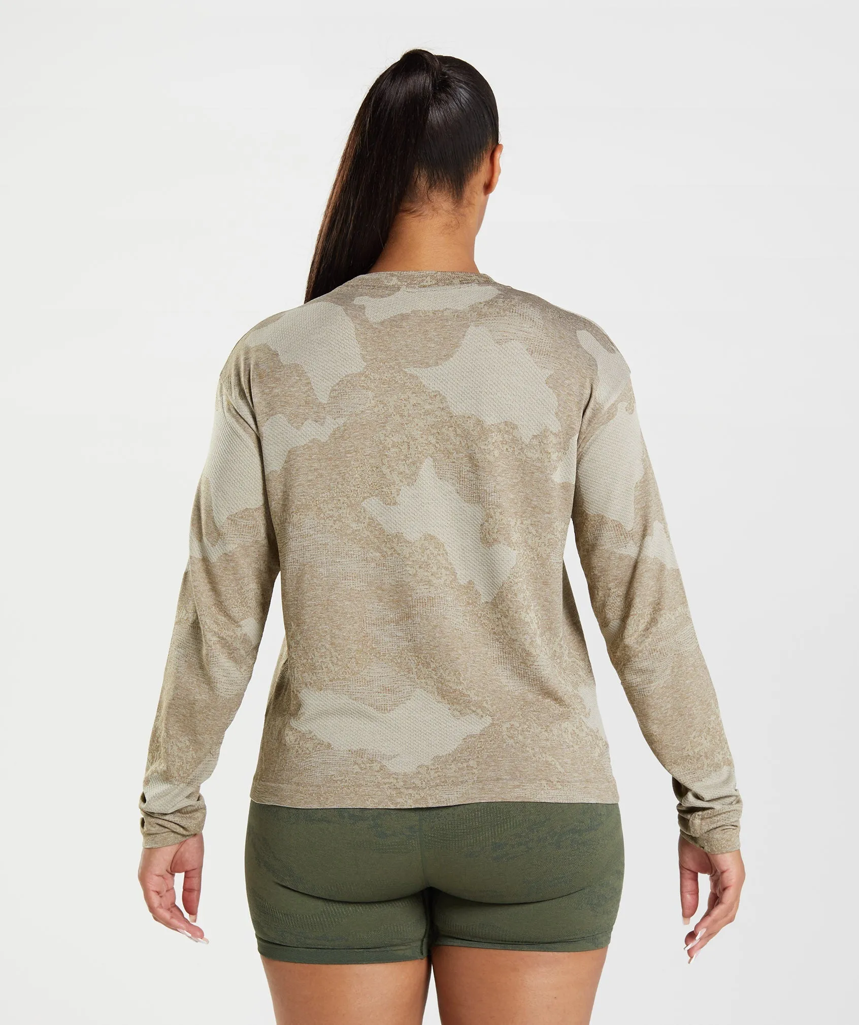 Gymshark Adapt Camo Seamless Long Sleeve Top - Pebble Grey/Soul Brown