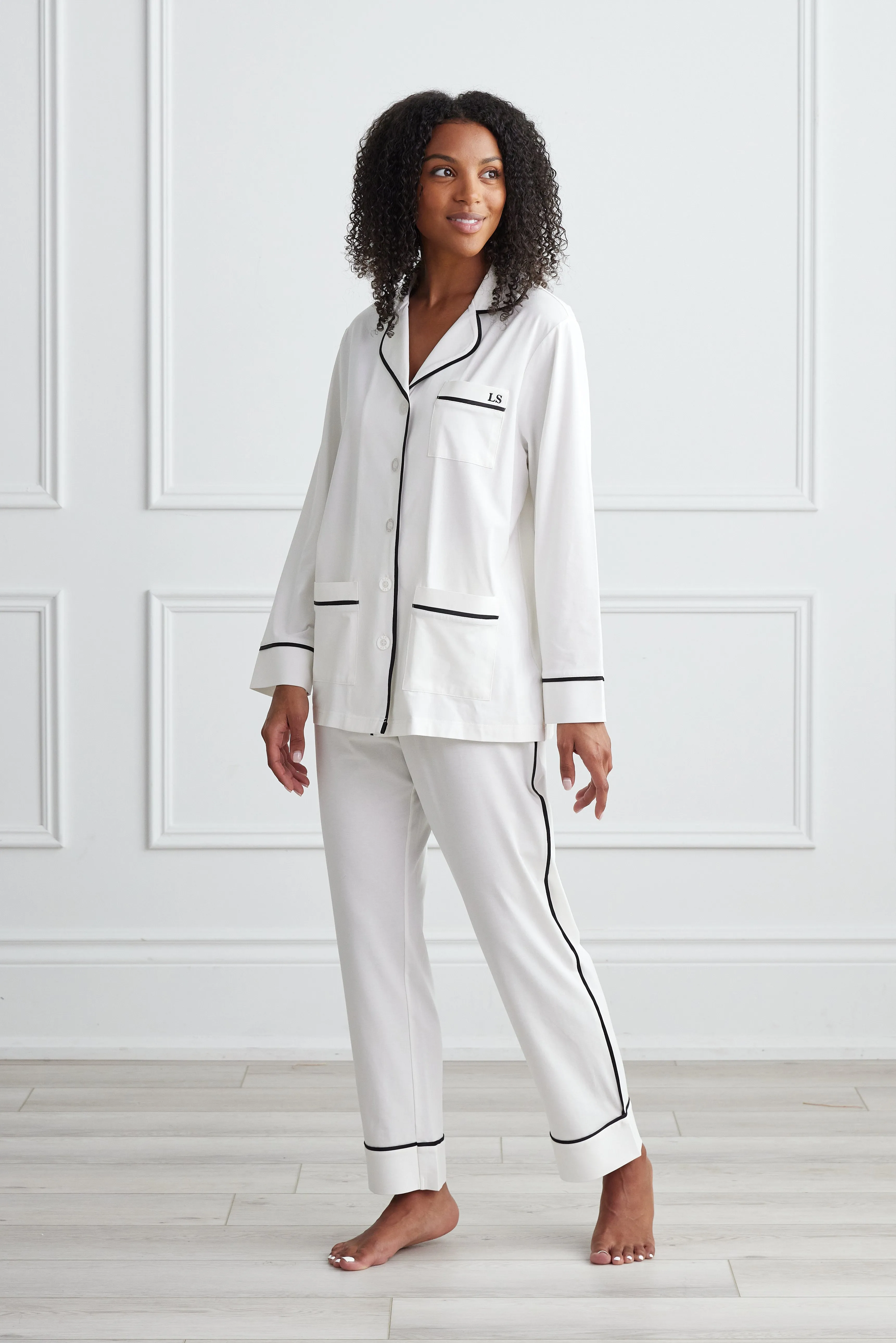 KIP Luxe Stretch Cotton Pajama Set in Pearl