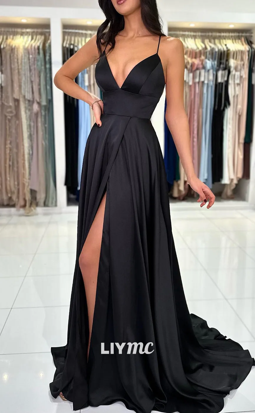 LP1339 -  A-Line Low V Neck Starps Lace-Up Sweep-Length Prom Dress