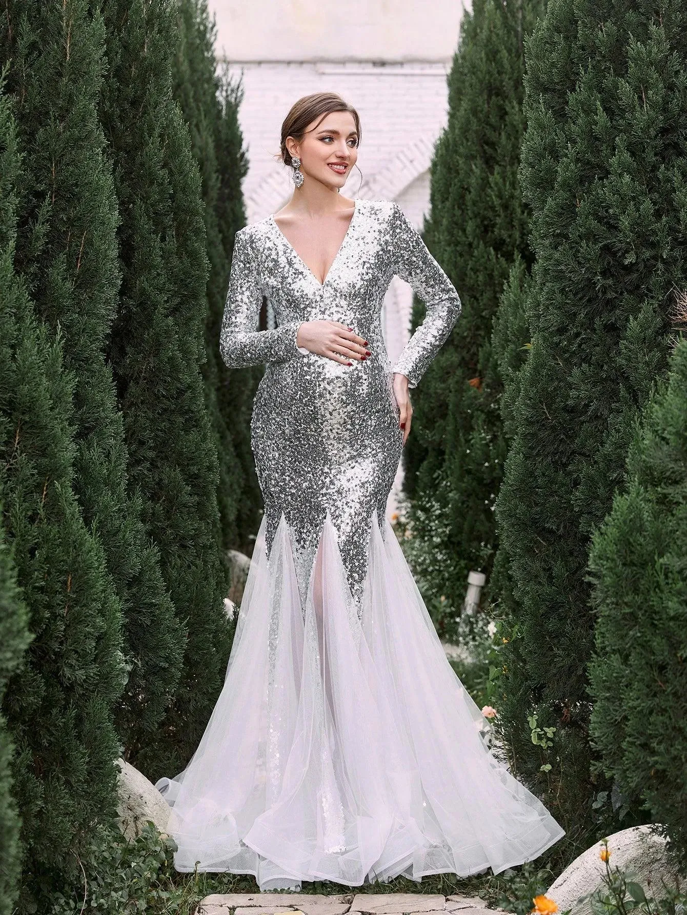 Maternity V Neck Long Sleeves Sequin Mermaid Dress