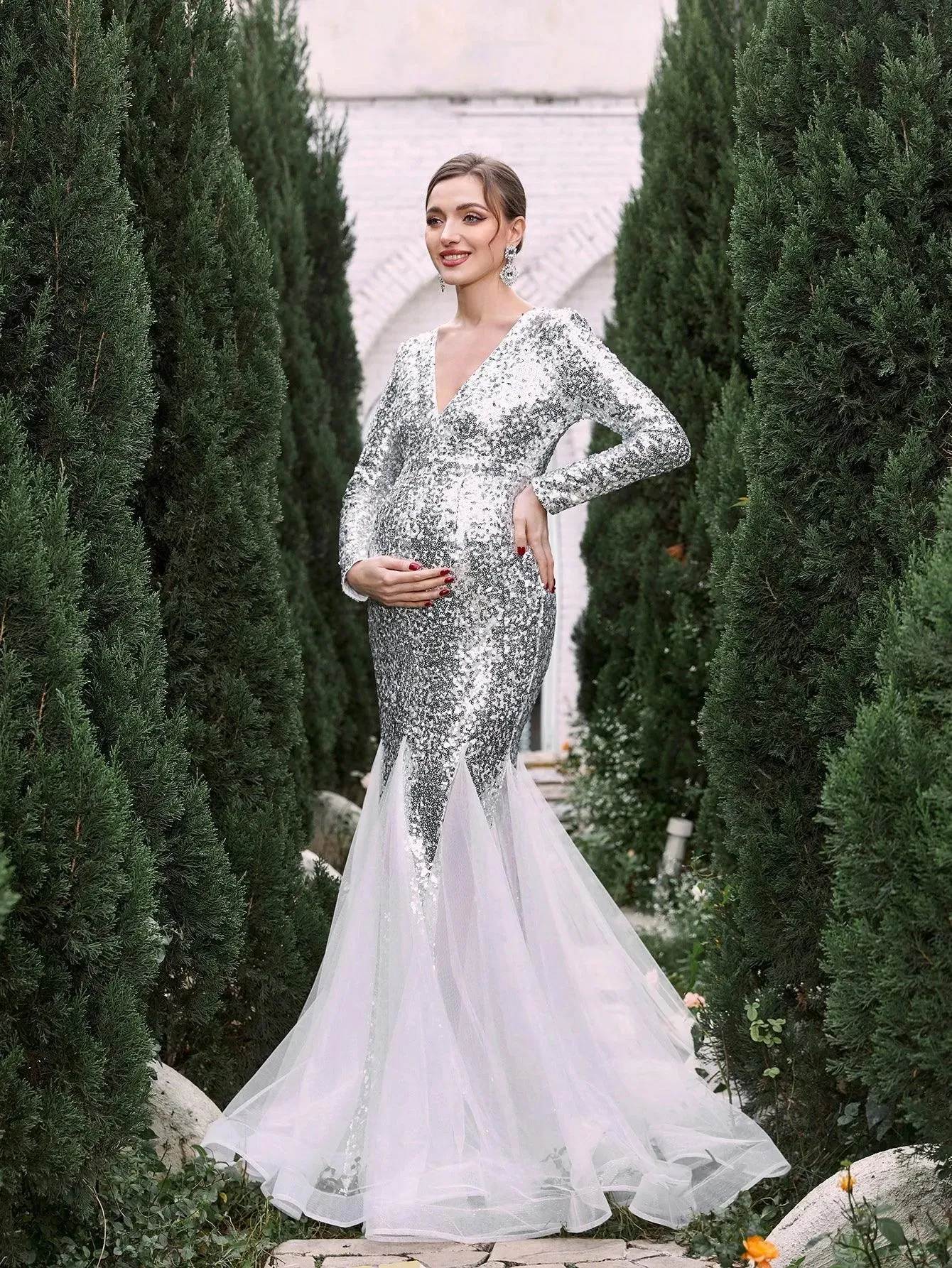 Maternity V Neck Long Sleeves Sequin Mermaid Dress