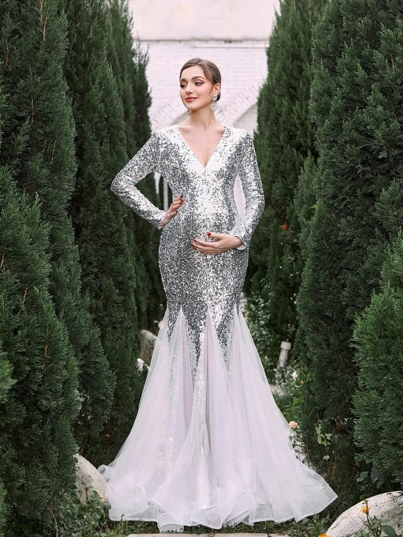 Maternity V Neck Long Sleeves Sequin Mermaid Dress