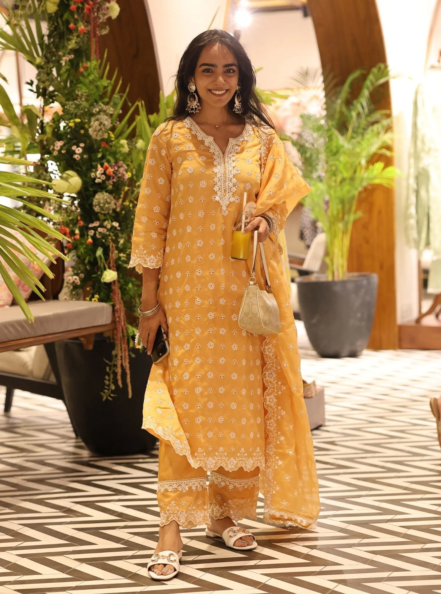 Mulmul Chanderi Miri Orange Kurta With Mulmul Chanderi Miri Orange Pant