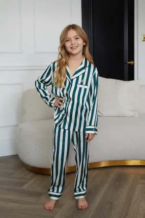 Personalised Children's Satin Stripe Long Sleeve Pyjama Set - Forest Green/Ivory