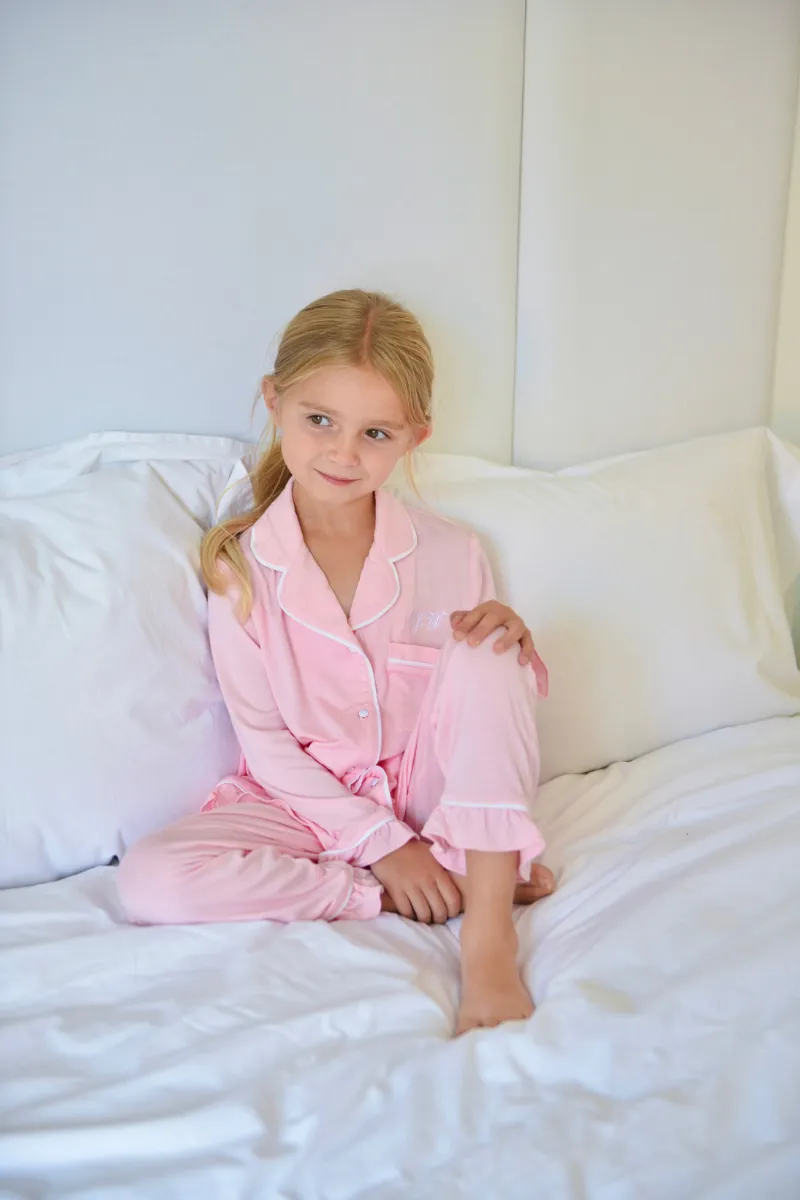 Personalised Girls Jersey Frill Long Sleeve Pyjama Set - Pink