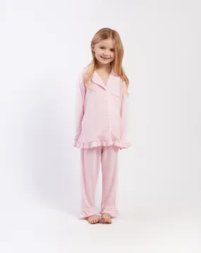 Personalised Girls Jersey Frill Long Sleeve Pyjama Set - Pink