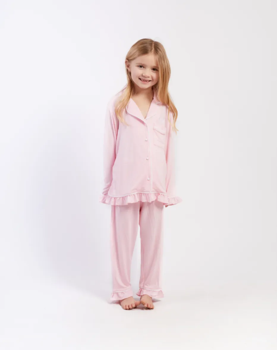 Personalised Girls Jersey Frill Long Sleeve Pyjama Set - Pink