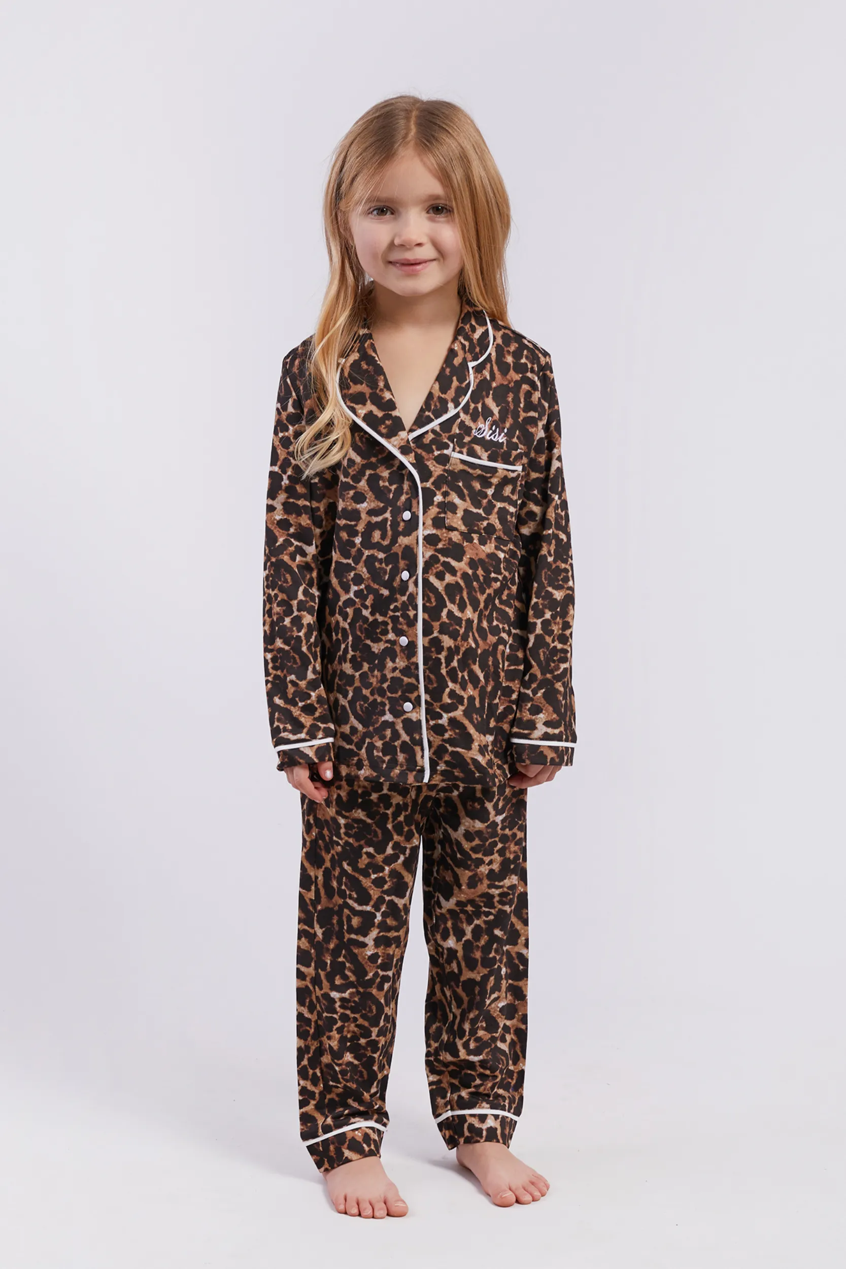 Personalised Girls Jersey Long Sleeve Pyjama Set - Leopard