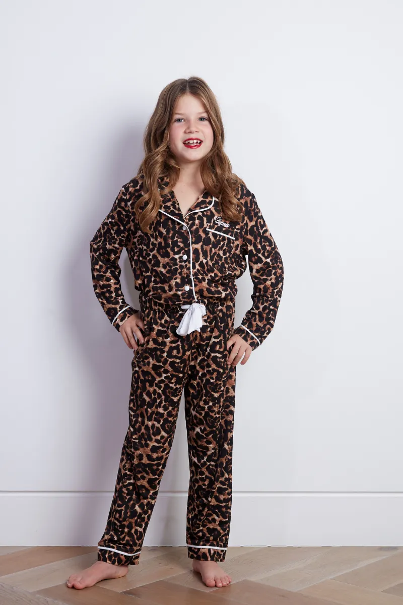 Personalised Girls Jersey Long Sleeve Pyjama Set - Leopard