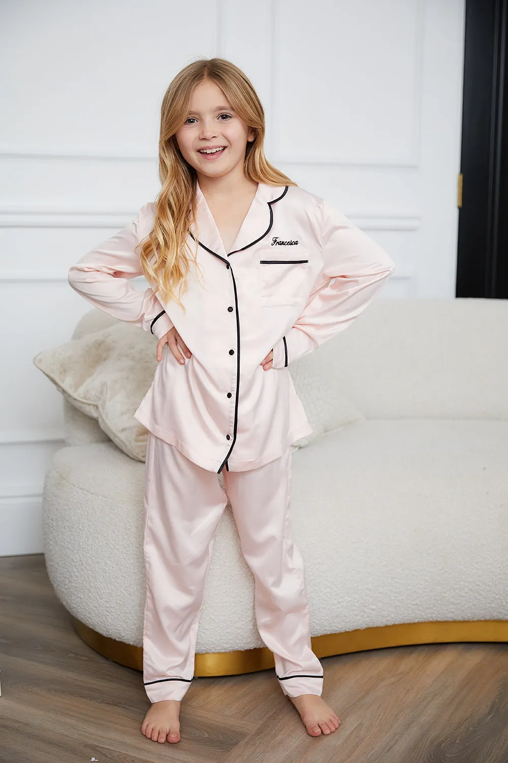 Personalised Girls Satin Long Sleeve Pyjama Set - Pink