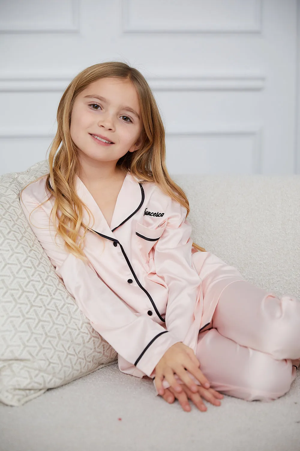 Personalised Girls Satin Long Sleeve Pyjama Set - Pink