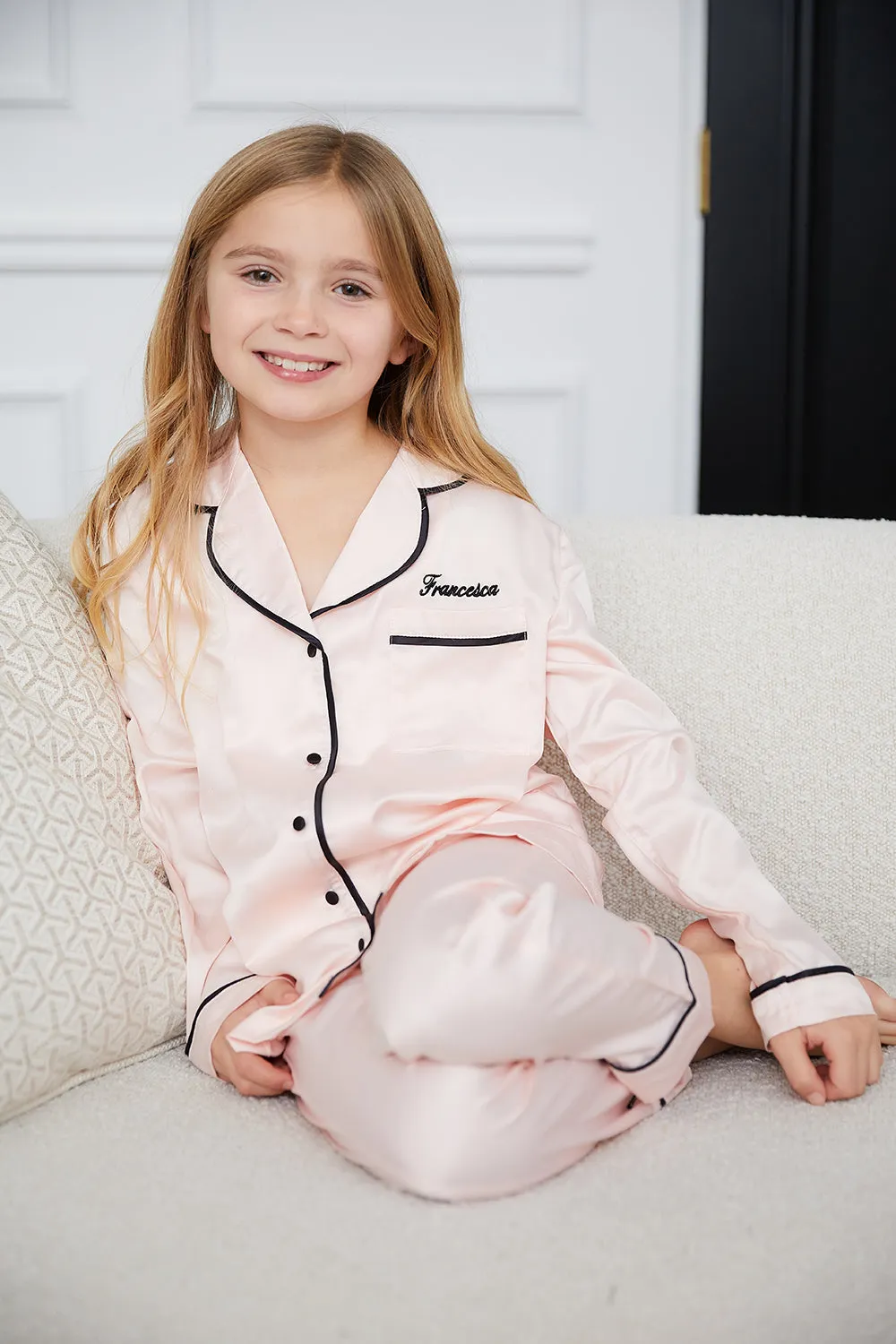 Personalised Girls Satin Long Sleeve Pyjama Set - Pink