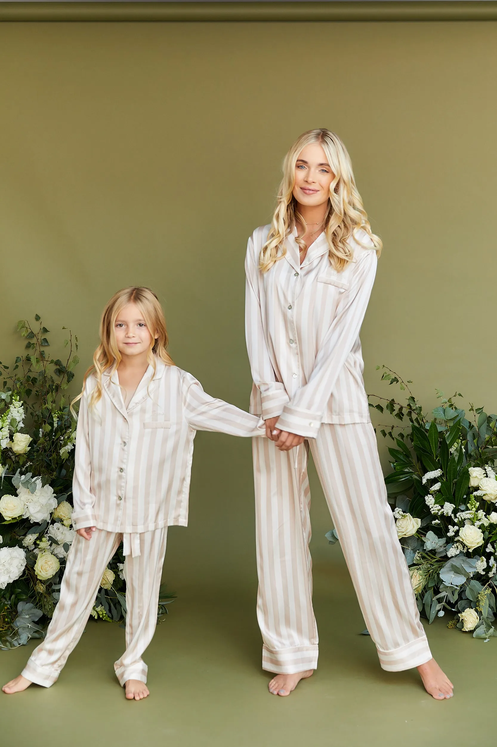 Personalised Girls Satin Stripe Long Sleeve Pyjama Set - Blush/Ivory