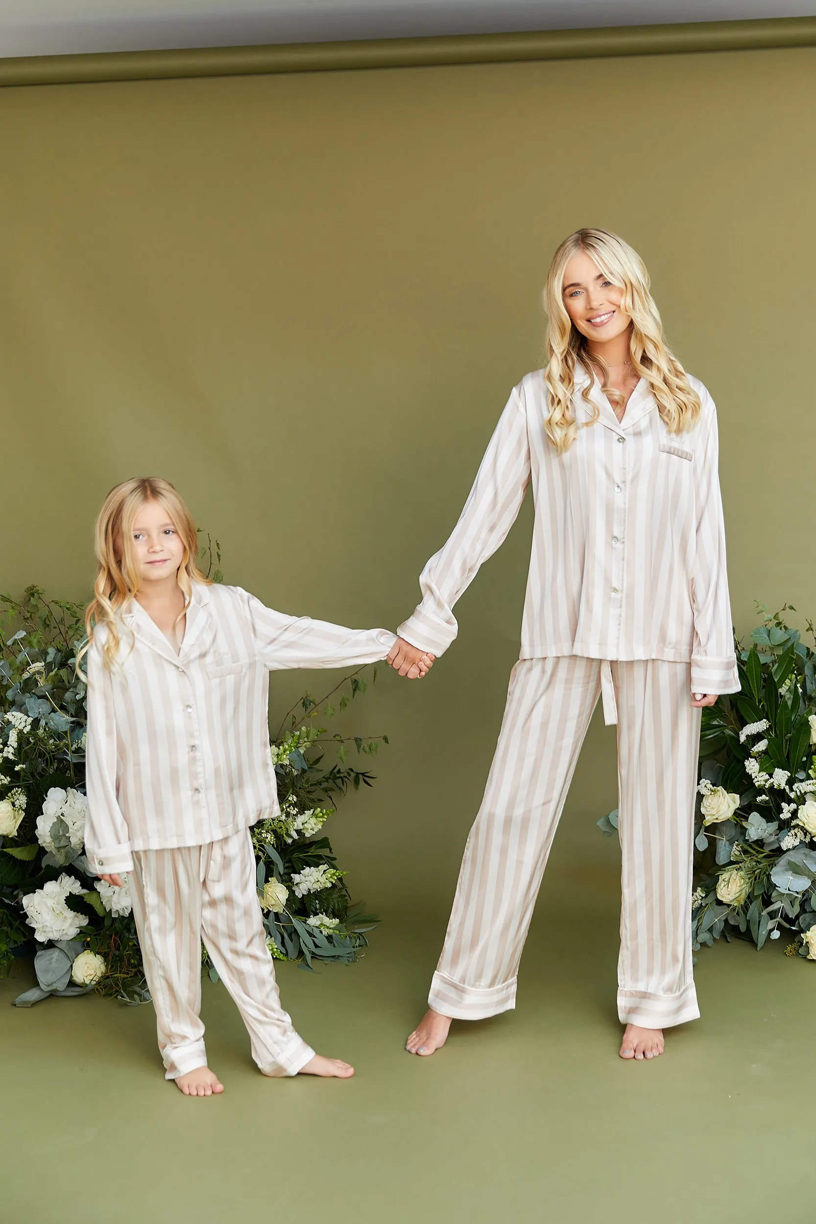 Personalised Girls Satin Stripe Long Sleeve Pyjama Set - Blush/Ivory