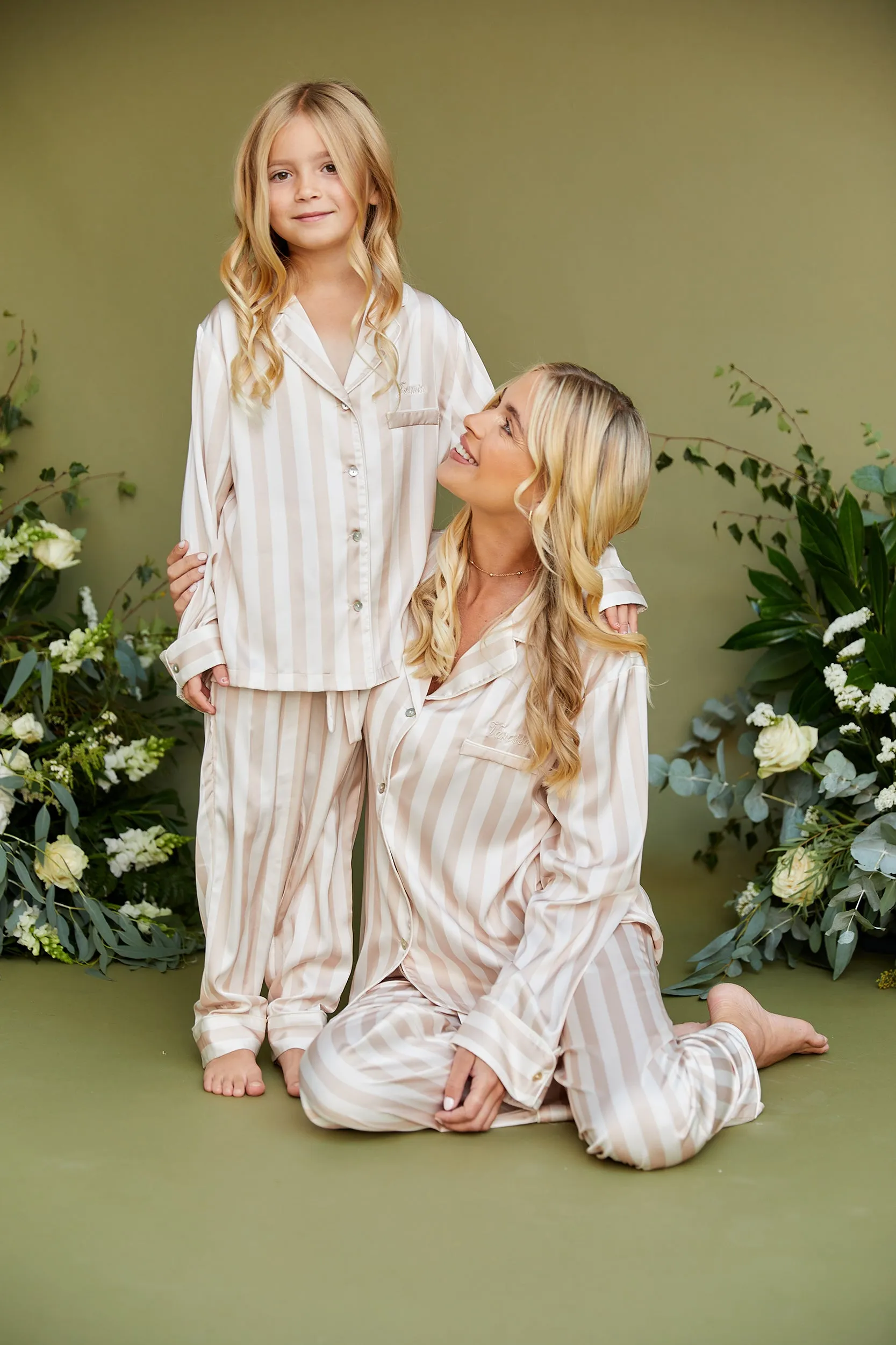 Personalised Girls Satin Stripe Long Sleeve Pyjama Set - Blush/Ivory