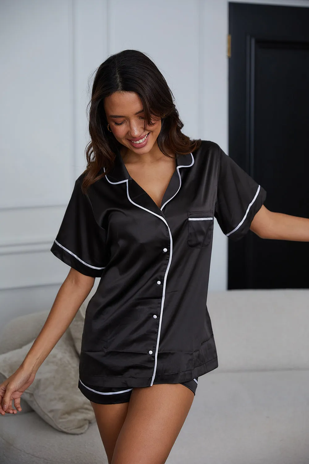 Personalised Satin Short Sleeve Pyjama Set - Black