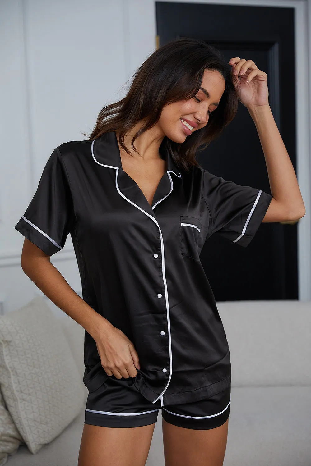 Personalised Satin Short Sleeve Pyjama Set - Black