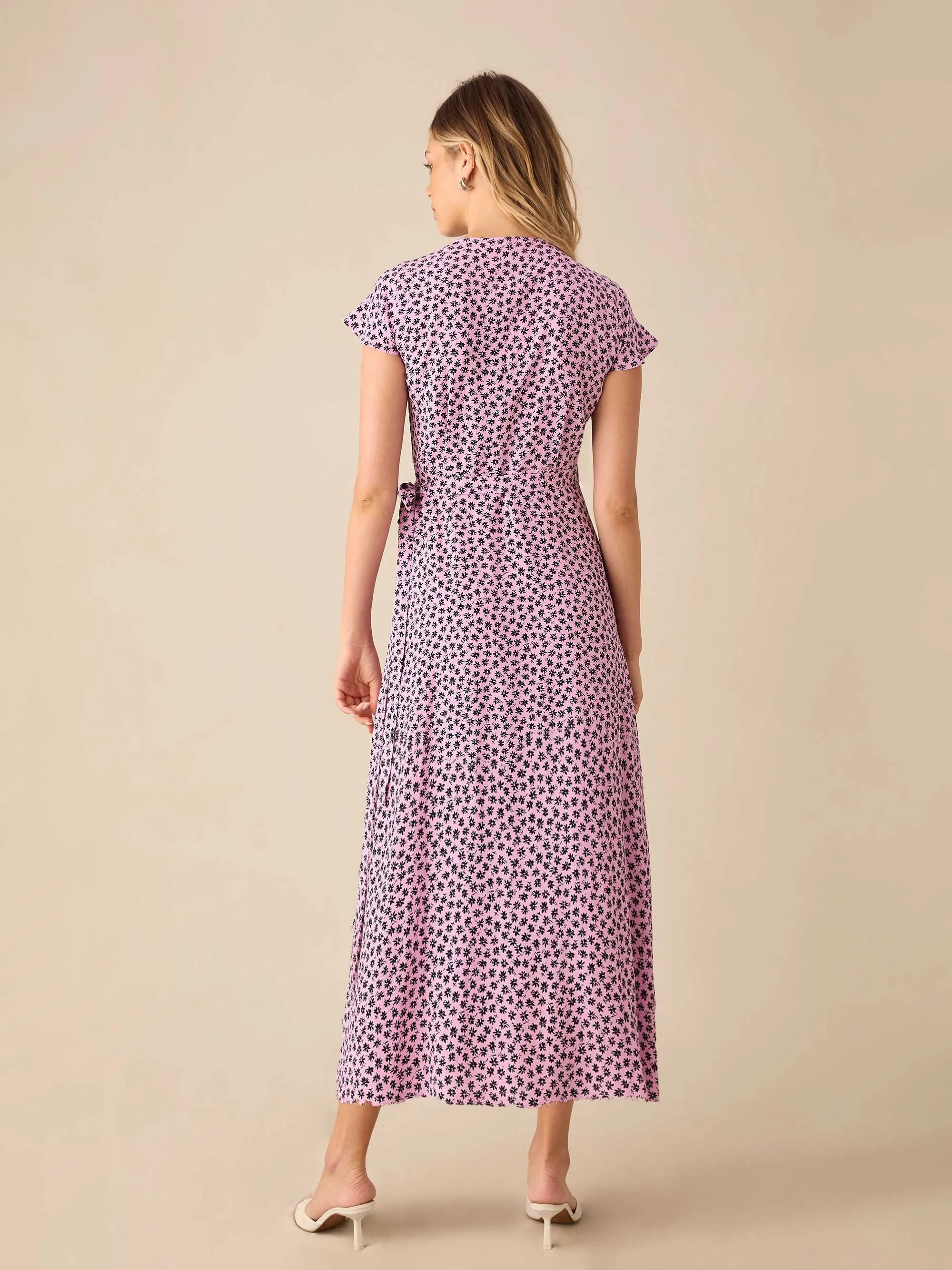 Pink Ditsy Print Wrap Midi Dress