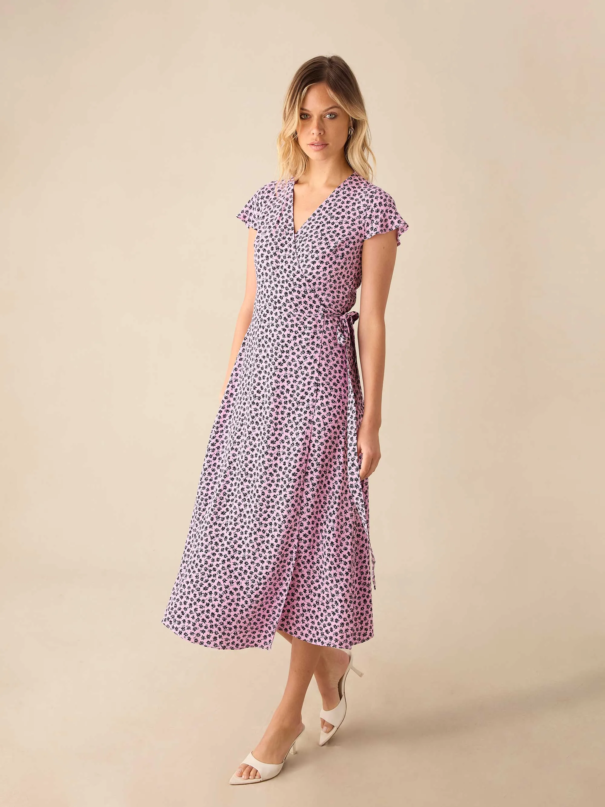 Pink Ditsy Print Wrap Midi Dress