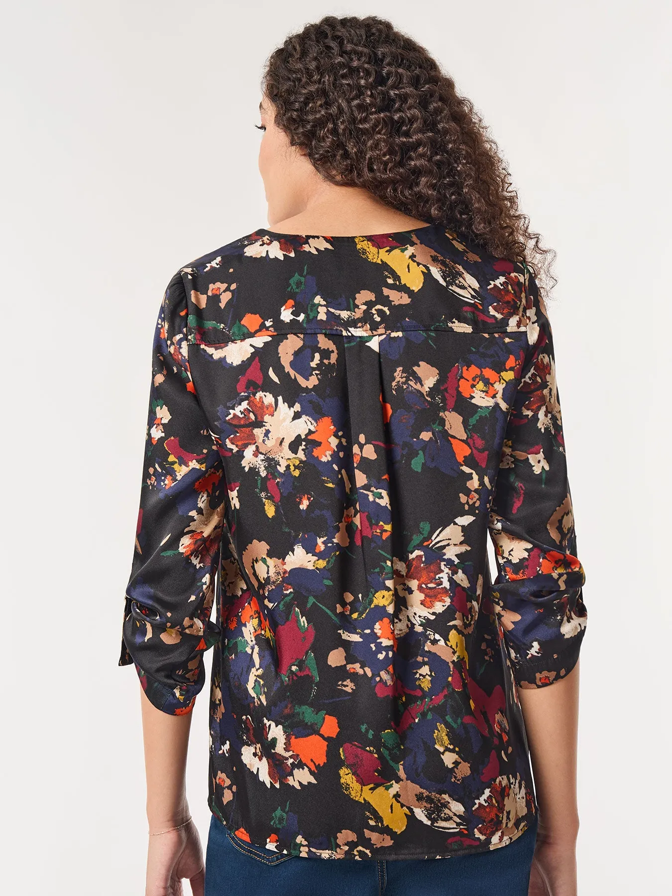 Printed Button-Front Collarless Tunic, Satin Twill