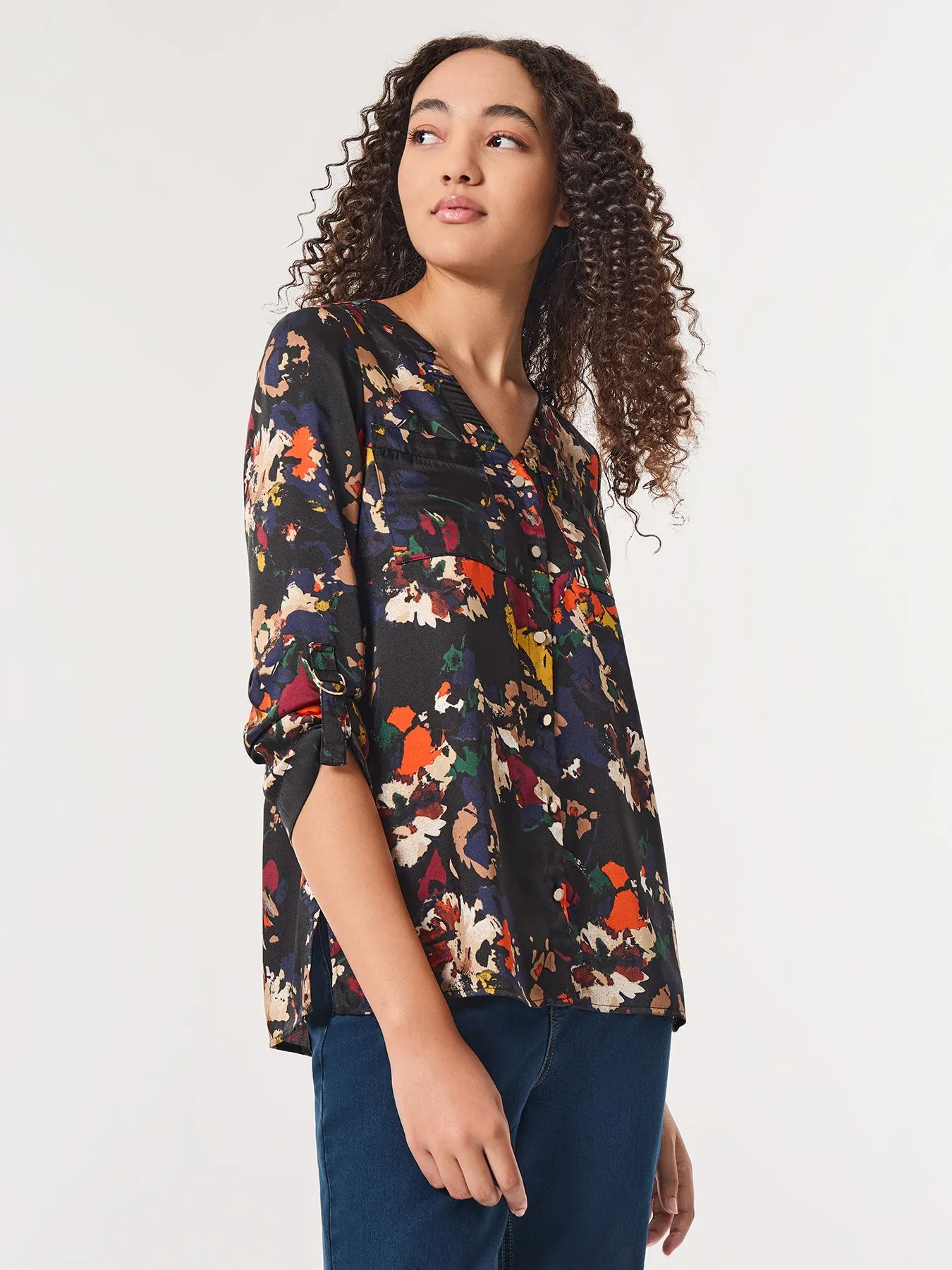 Printed Button-Front Collarless Tunic, Satin Twill