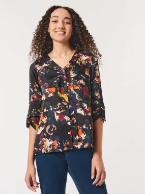 Printed Button-Front Collarless Tunic, Satin Twill