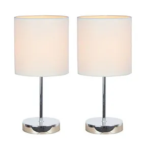 SIMPLE DESIGNS LT2007-WHT-2PK CHROME MINI BASIC TABLE LAMP 2 PACK SET WITH FABRIC SHADES, WHITE