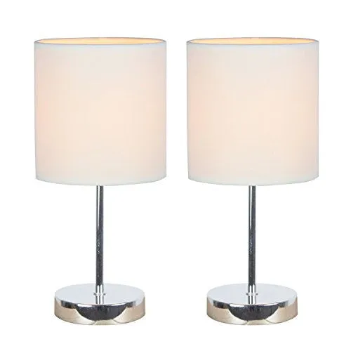 SIMPLE DESIGNS LT2007-WHT-2PK CHROME MINI BASIC TABLE LAMP 2 PACK SET WITH FABRIC SHADES, WHITE