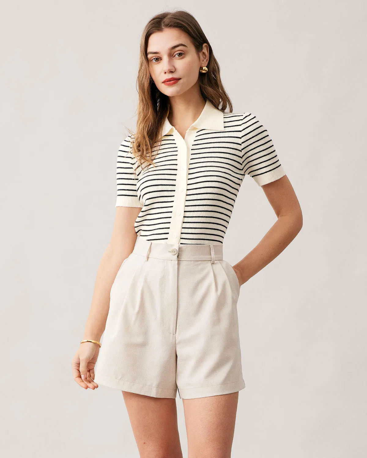 The Lapel Button Up Striped Knit Top