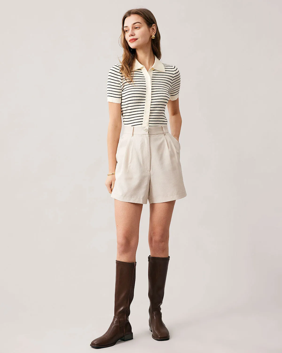 The Lapel Button Up Striped Knit Top