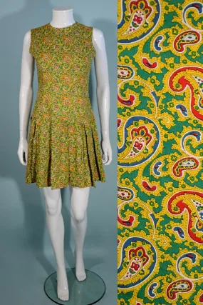 Vintage 1960s Mod Paisley Mini Dress Sleeveless Pleated Skirt