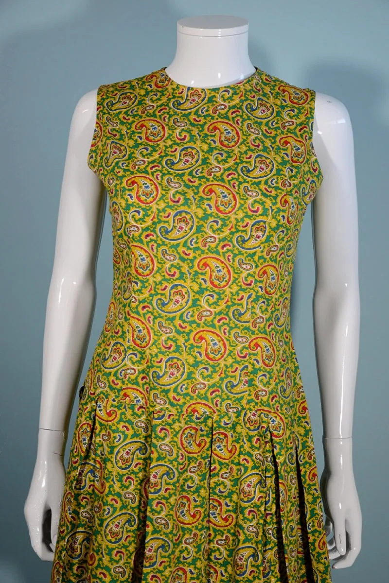 Vintage 1960s Mod Paisley Mini Dress Sleeveless Pleated Skirt