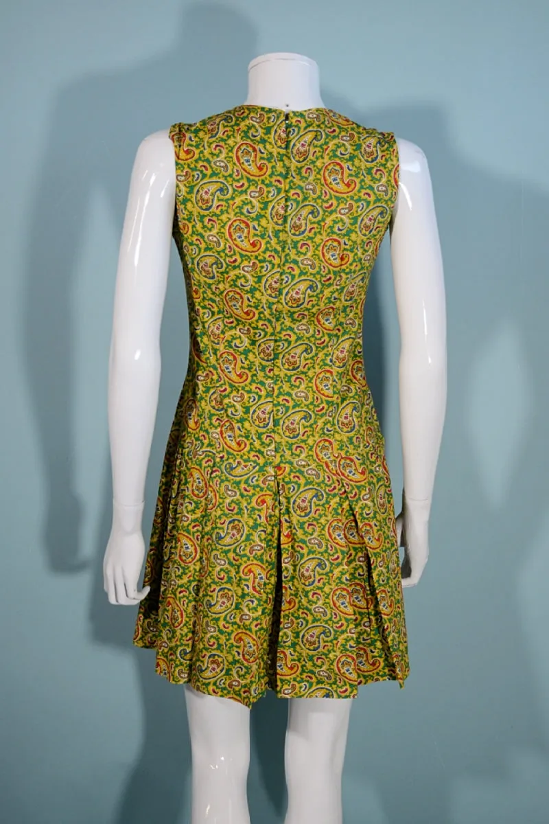 Vintage 1960s Mod Paisley Mini Dress Sleeveless Pleated Skirt