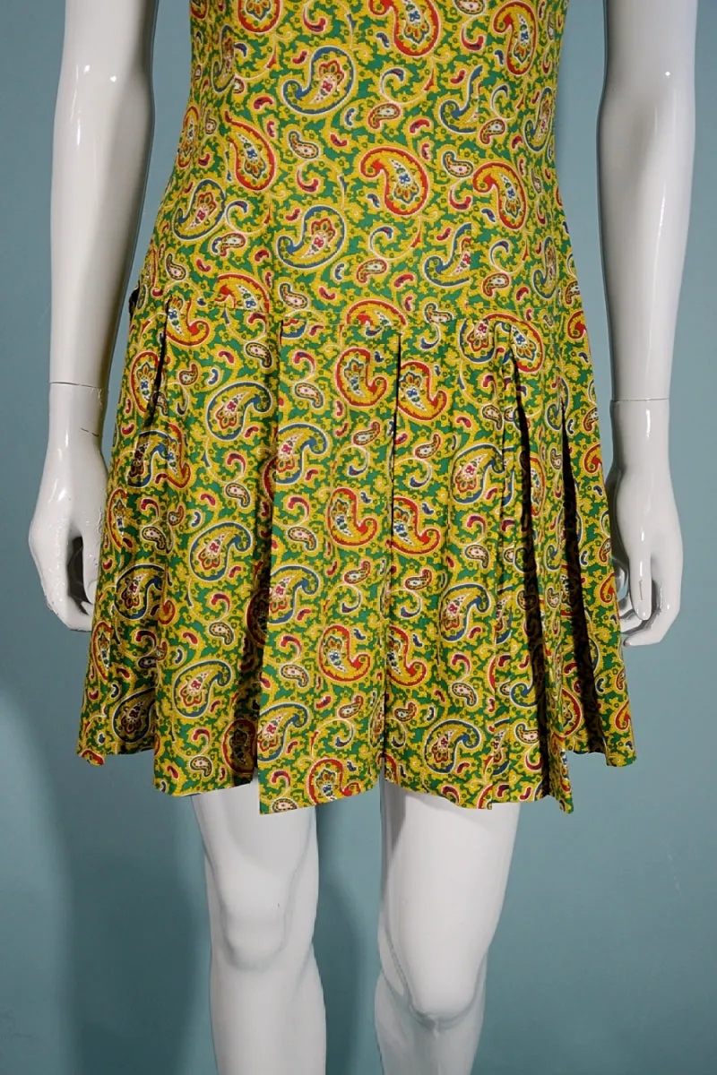 Vintage 1960s Mod Paisley Mini Dress Sleeveless Pleated Skirt