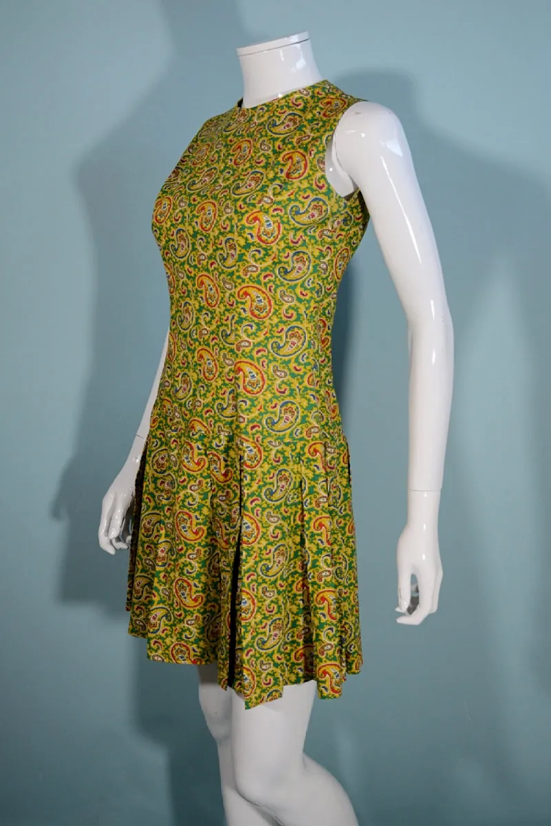 Vintage 1960s Mod Paisley Mini Dress Sleeveless Pleated Skirt