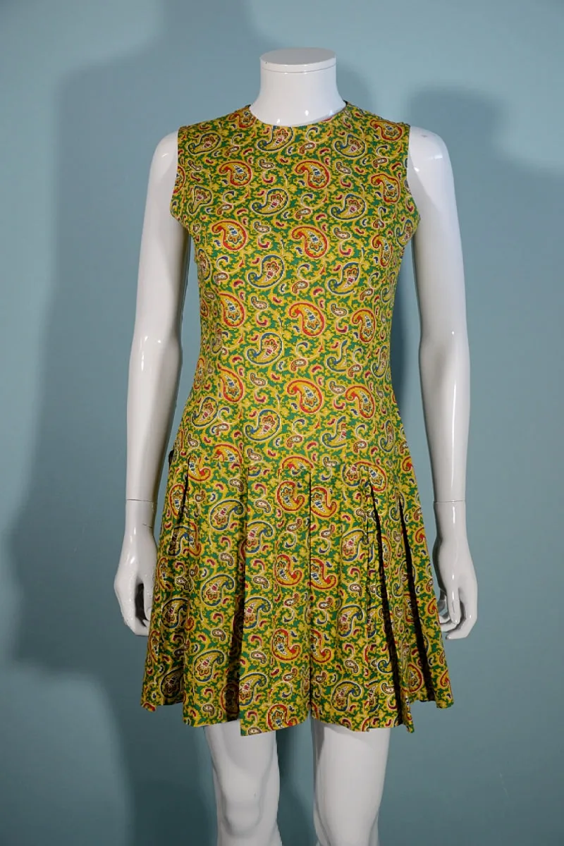 Vintage 1960s Mod Paisley Mini Dress Sleeveless Pleated Skirt