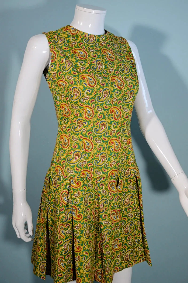 Vintage 1960s Mod Paisley Mini Dress Sleeveless Pleated Skirt