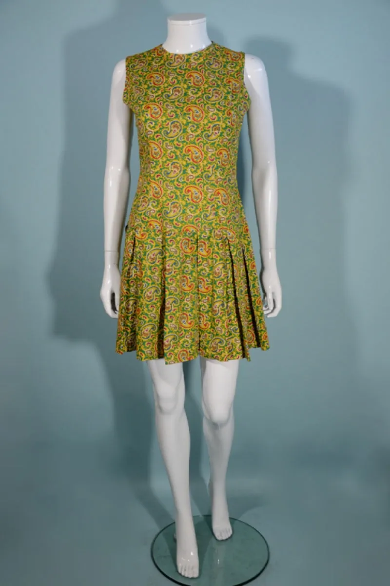 Vintage 1960s Mod Paisley Mini Dress Sleeveless Pleated Skirt