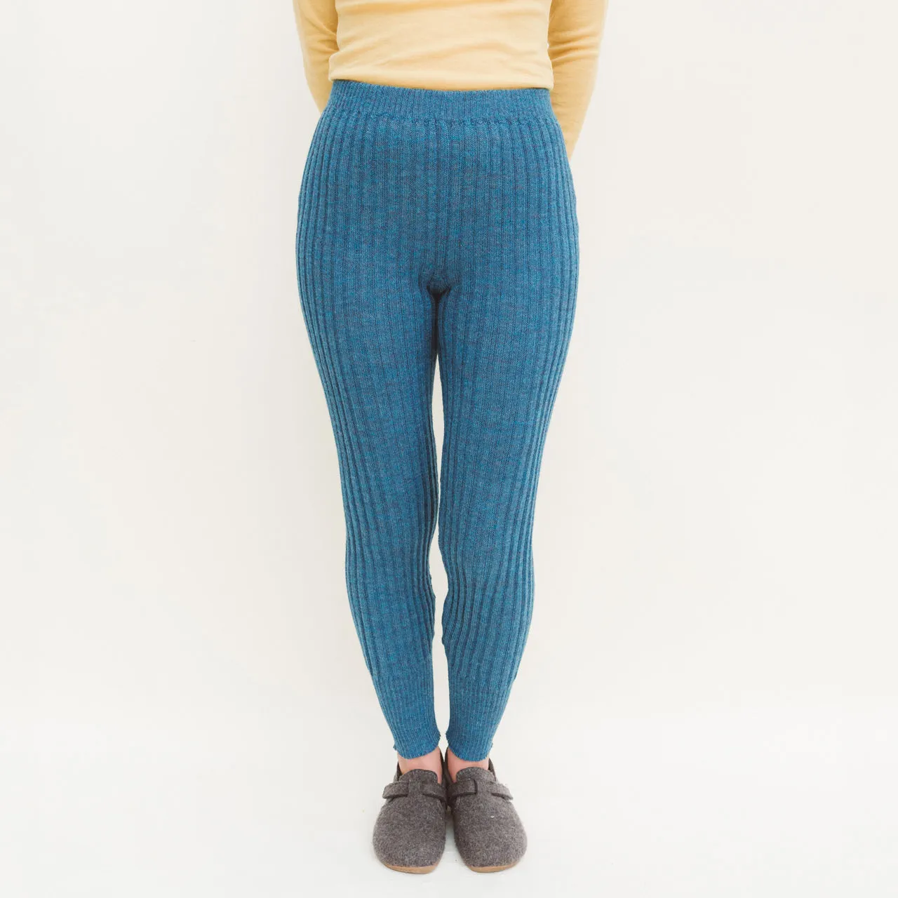 Women's High Waisted Knitted Rib Leggings - 100% Baby Alpaca - Light Peacock (S) *SECONDS/MENDED