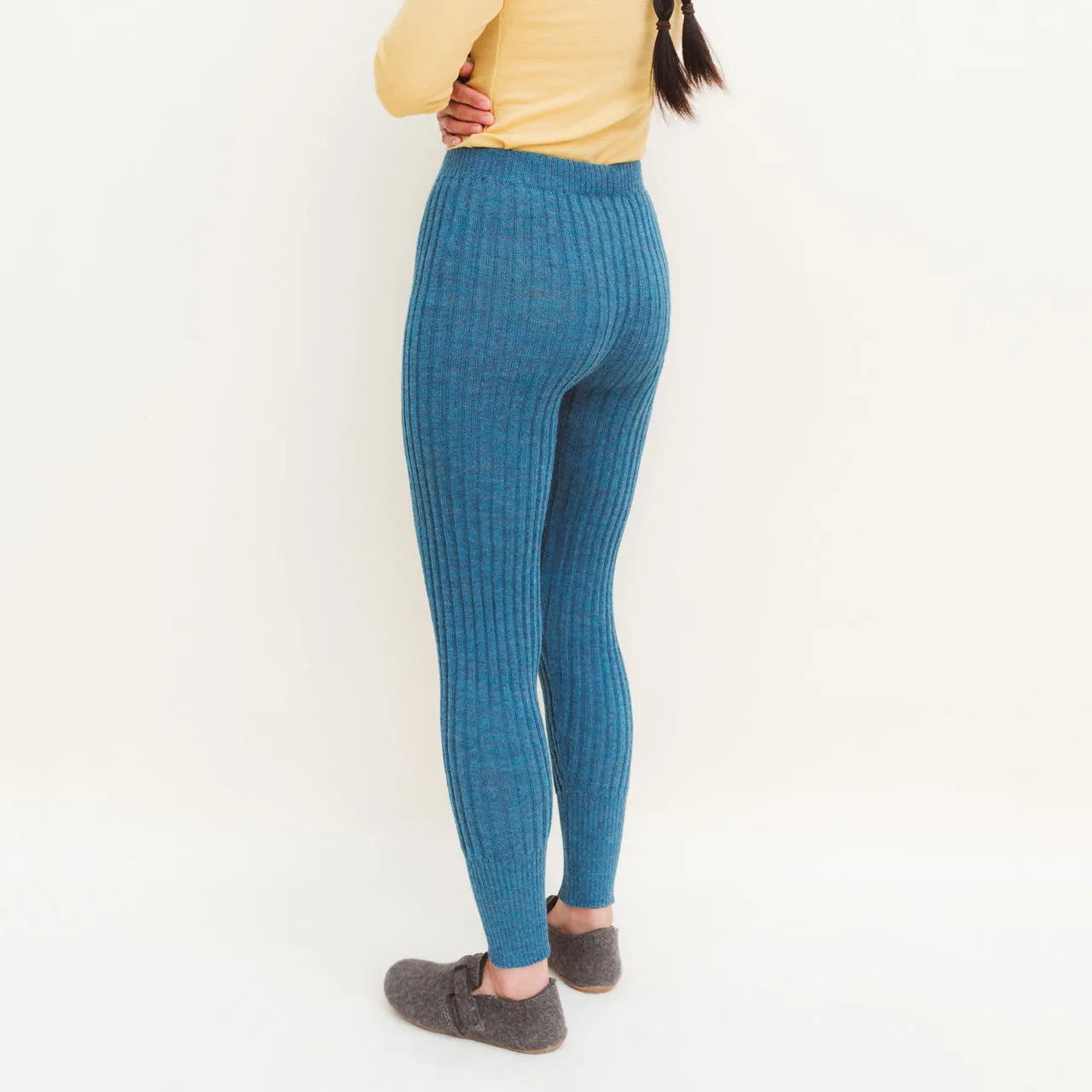 Women's High Waisted Knitted Rib Leggings - 100% Baby Alpaca - Light Peacock (S) *SECONDS/MENDED