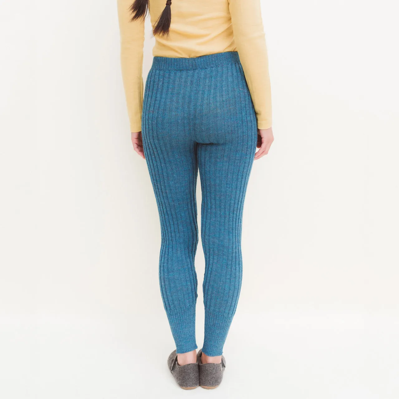 Women's High Waisted Knitted Rib Leggings - 100% Baby Alpaca - Light Peacock (S) *SECONDS/MENDED