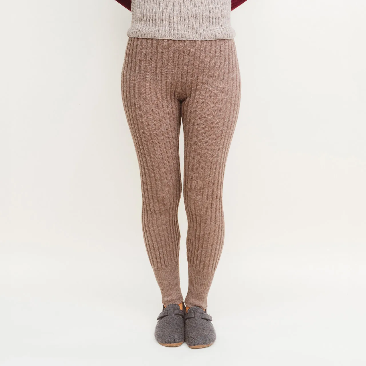 Women's High Waisted Knitted Rib Leggings - 100% Baby Alpaca - Mocha (L-XL) *SECONDS/MENDED